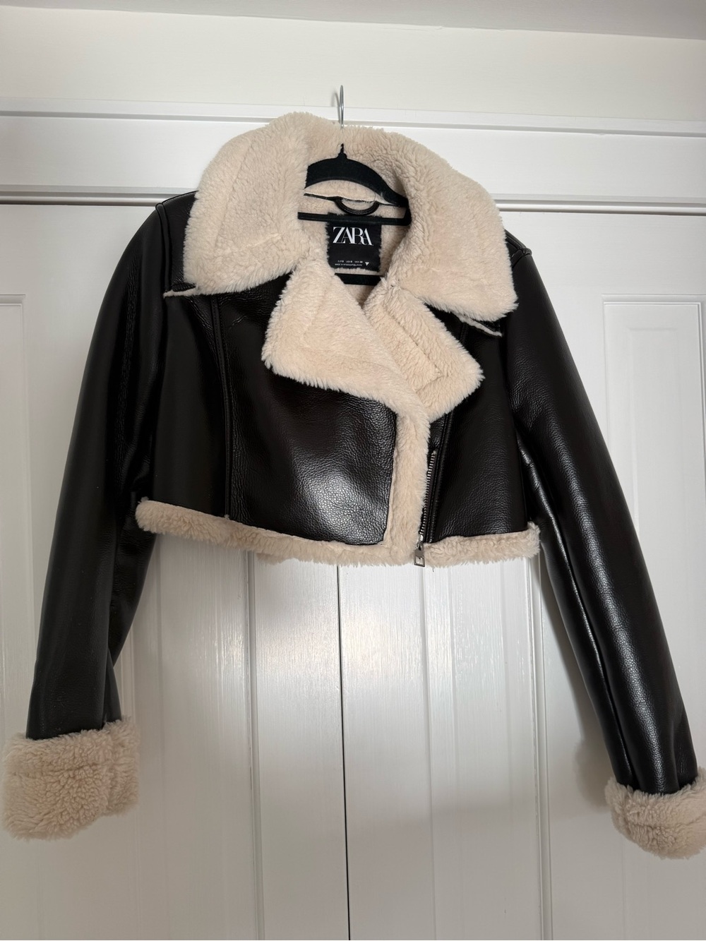 ZARA Black Faux Leather Teddy Jacket with Cream Shearling Trim